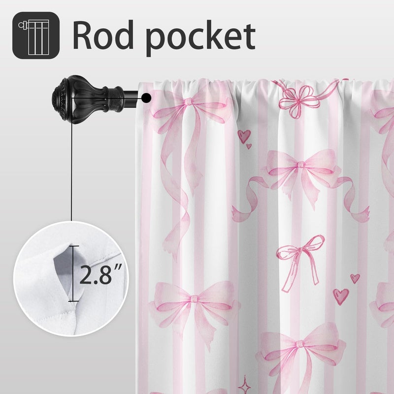 Coxila Pink Bow Kitchen Window Curtains 27.5 x 39 Inch Small Short Mini Cafe Rod Pocket Cute Kids Girls White Kawaii Pastel Fun Living Bedroom Room Home Treatment Set of 2 Curtain Panels Drapes Tiers - Image 3